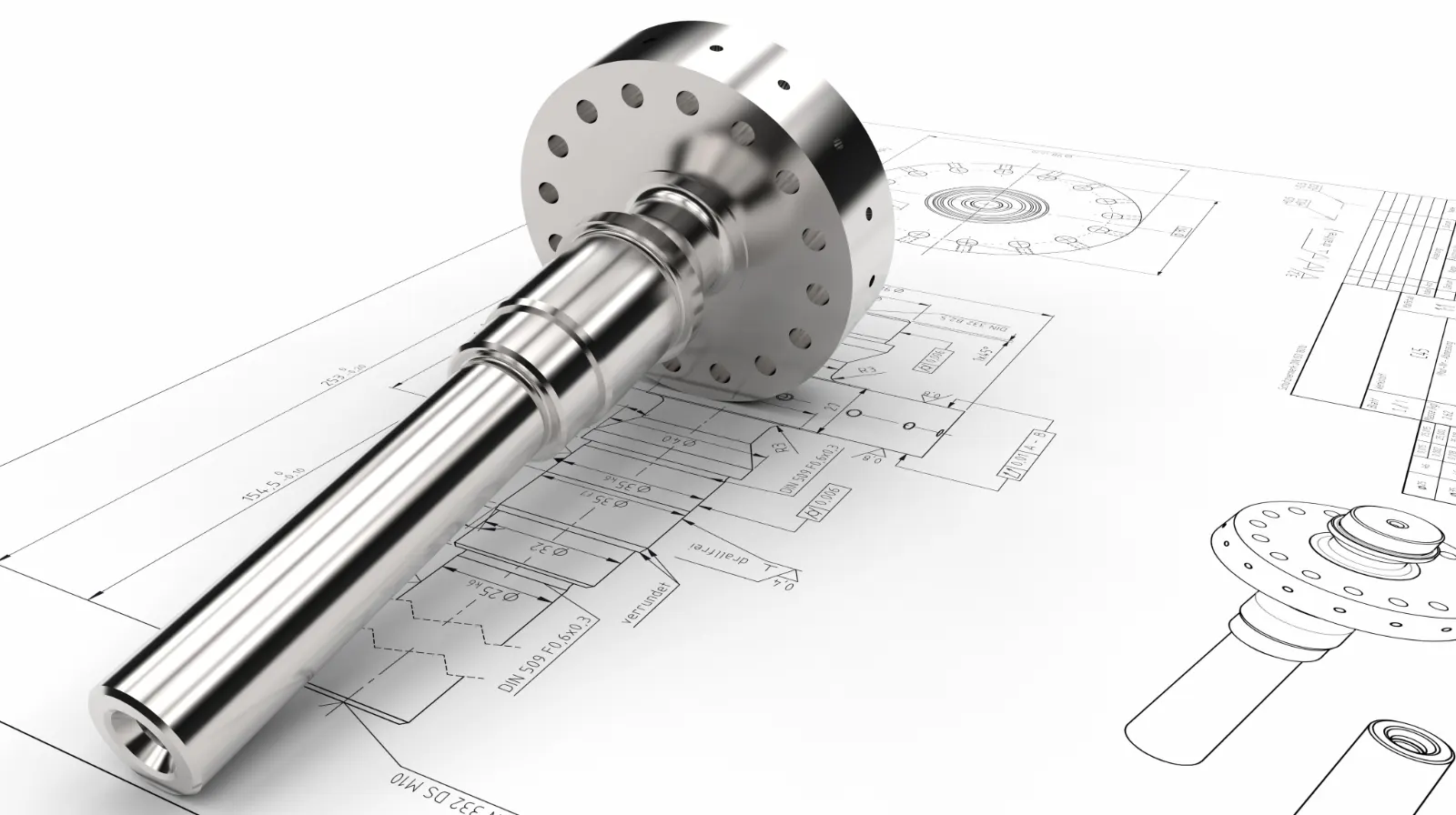 A machined stainless steel shaft and flange resting on its engineering drawing