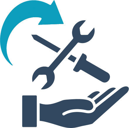 Trusted integrity icon: a hand holding tools beneath a curved arrow