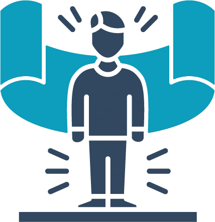 Industrial excellence icon: a person standing between raised banners