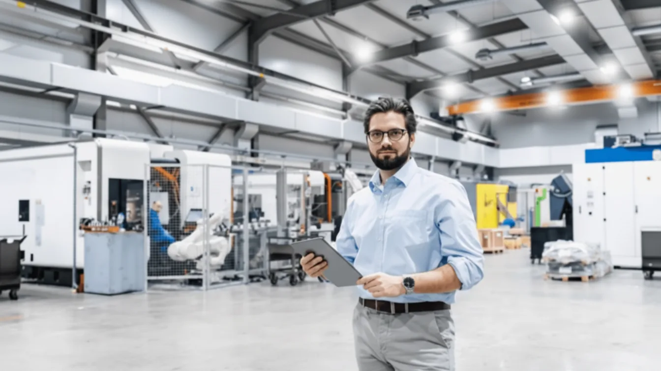 VisionCraft engineer with a tablet on the production floor