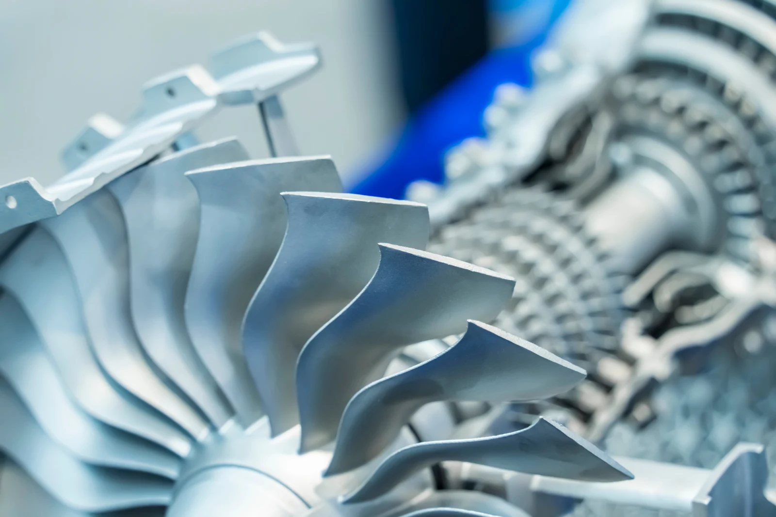 Close-up of precision turbine blades on a rotor assembly