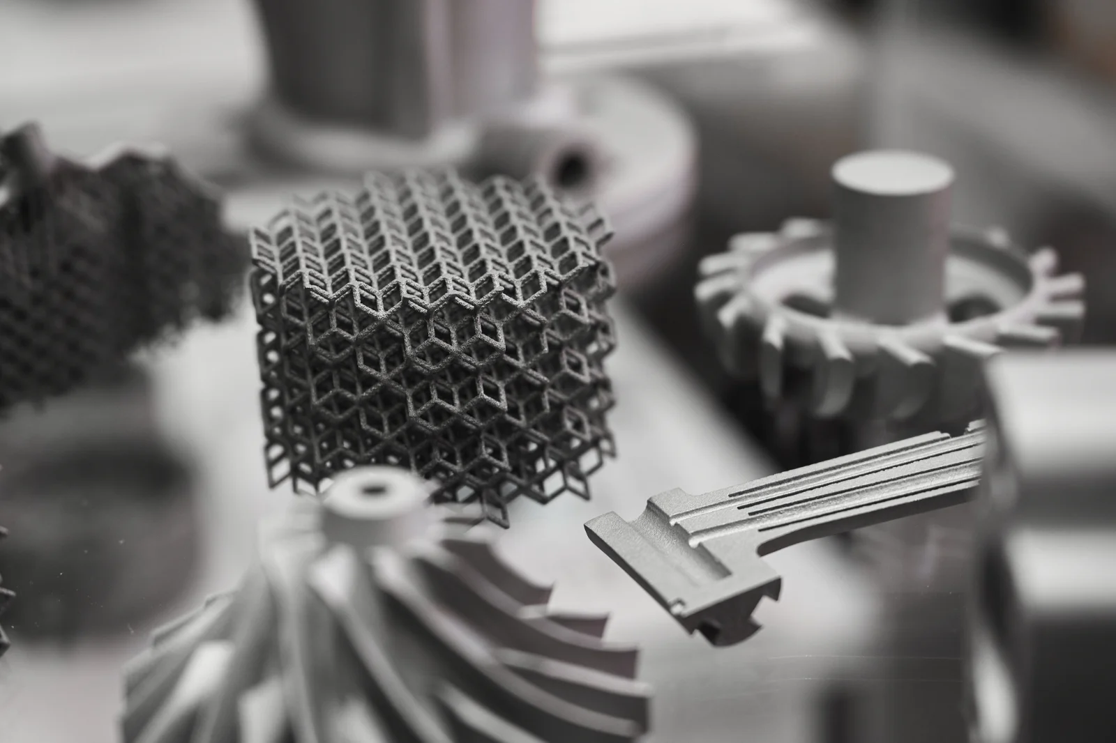 Printed metal lattice cube beside impellers and machined brackets
