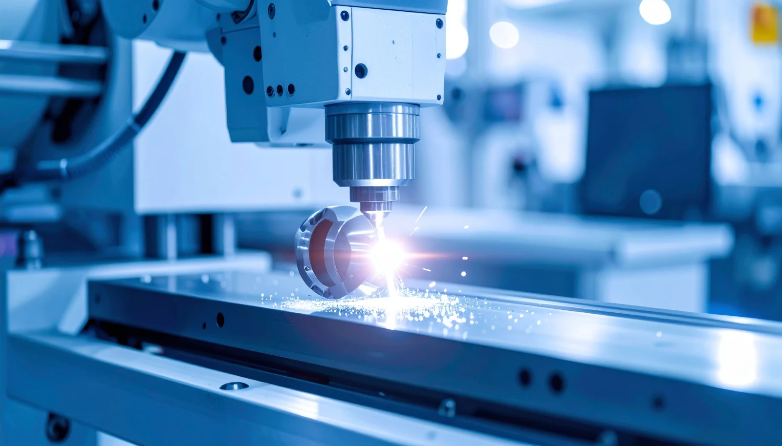 Laser cutting head finishing a metal part on a machine bed