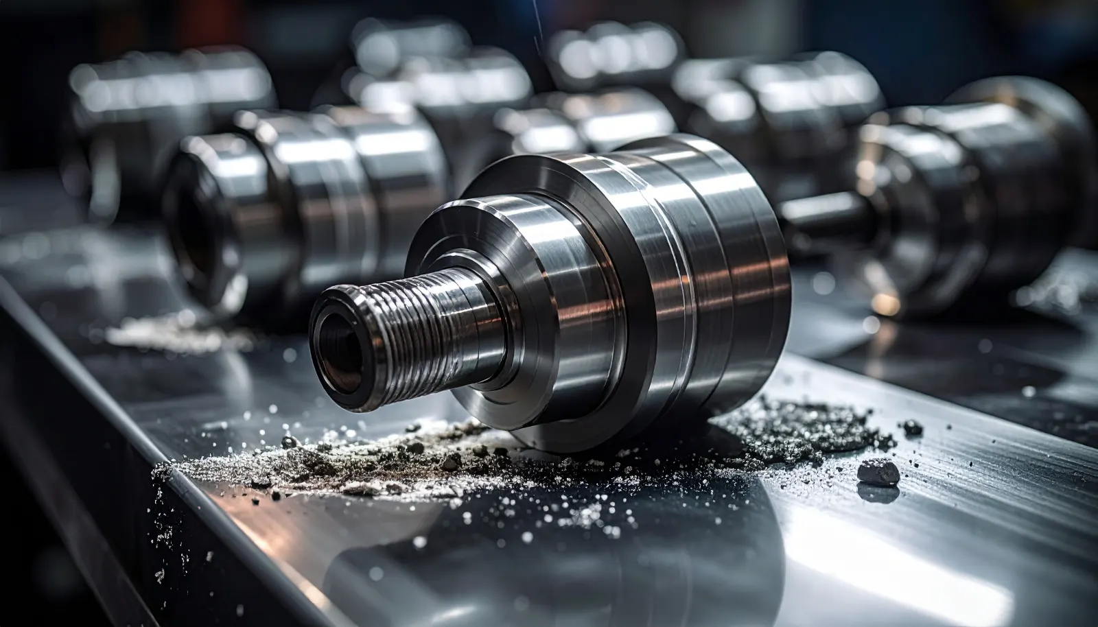 Polished turned metal components lined up after surface finishing