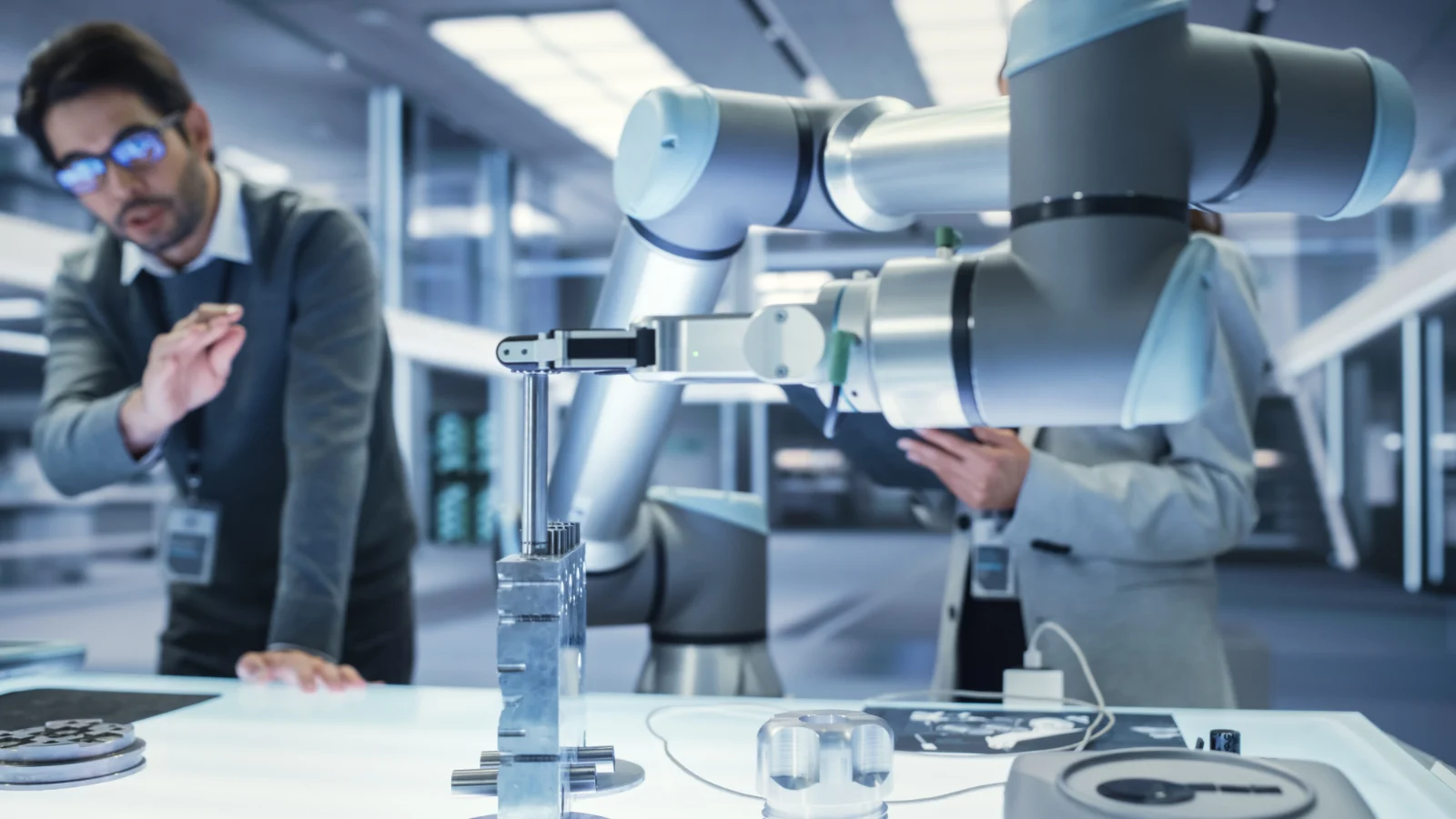 Engineers testing a robotic arm in the inspection and quality control lab