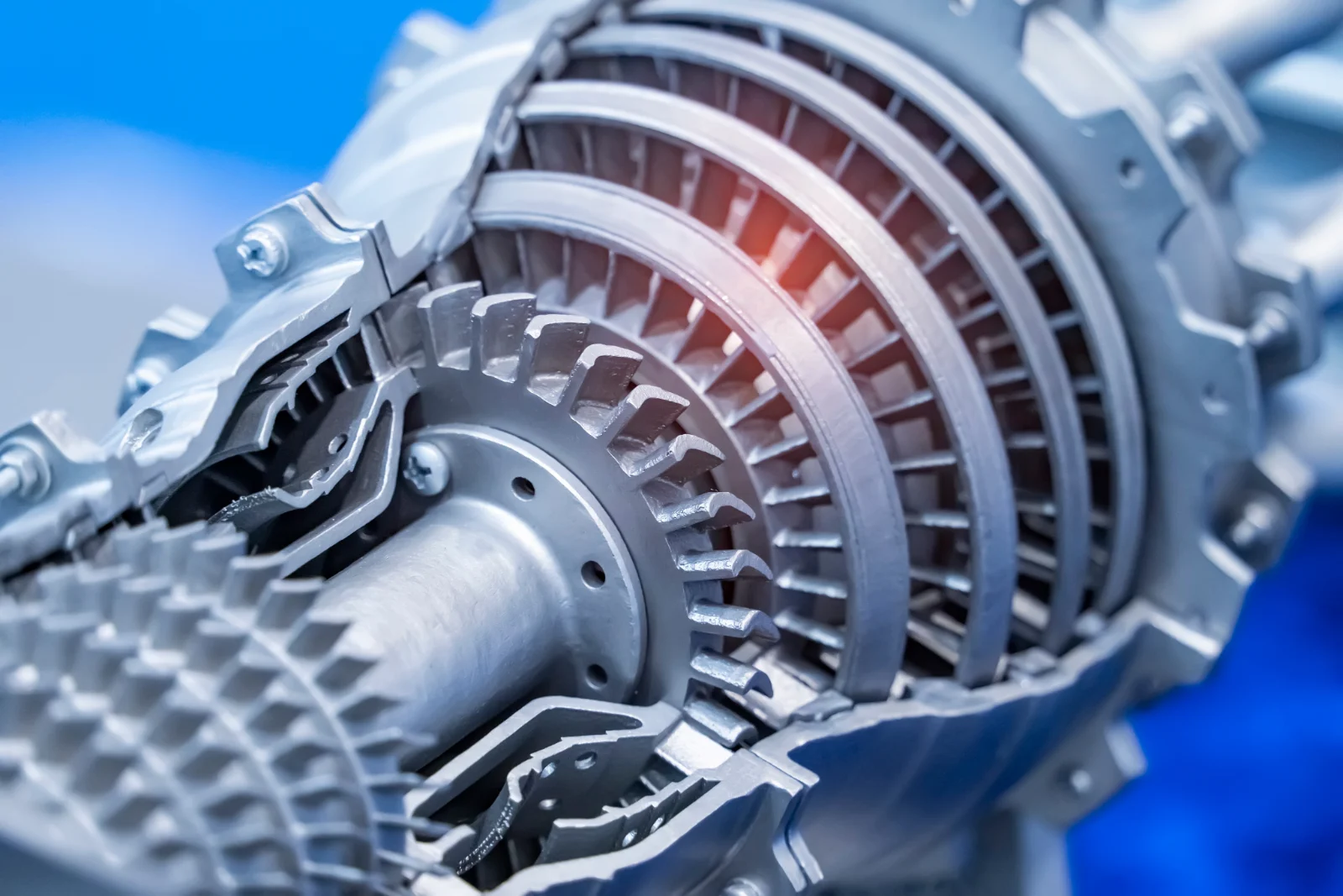 Cutaway of a precision-machined turbine assembly showing its internal blades