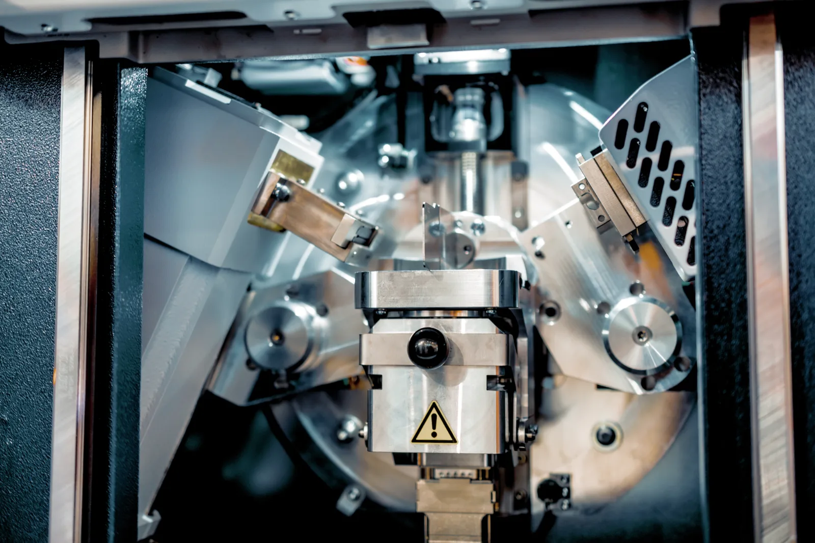 Interior of a precision machine tool showing the spindle and axis drives