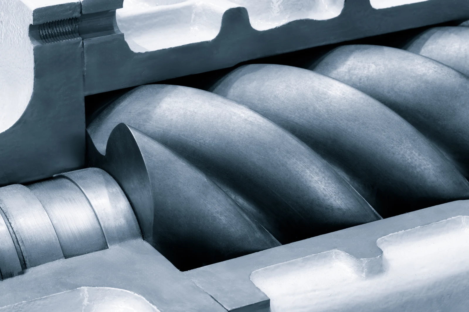 Close-up of precision-machined screw compressor rotors
