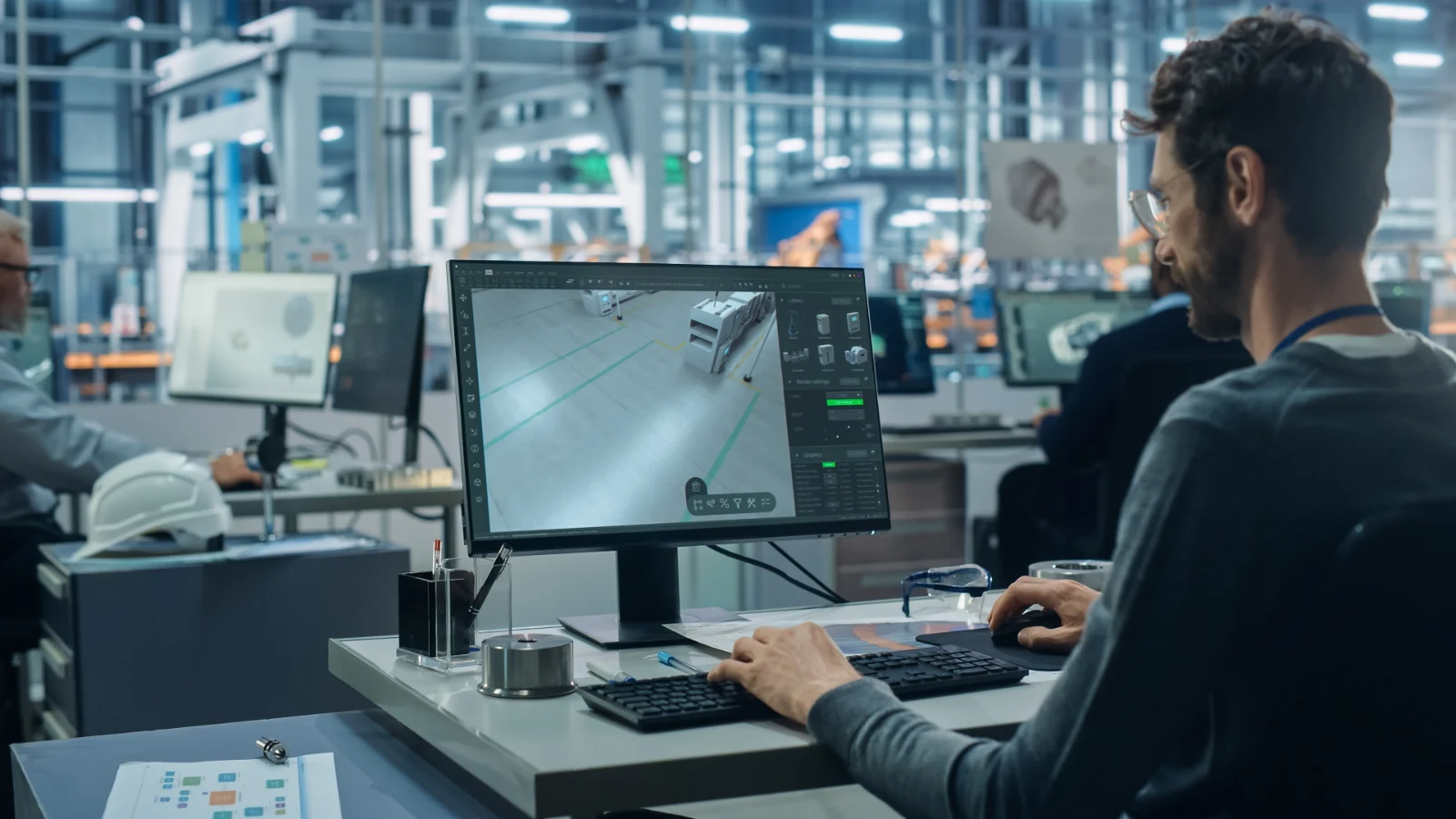 Engineer reviewing a 3D part model at a CAD workstation on the factory floor
