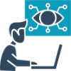 Rapid prototyping icon: a designer at a laptop reviewing a digital model
