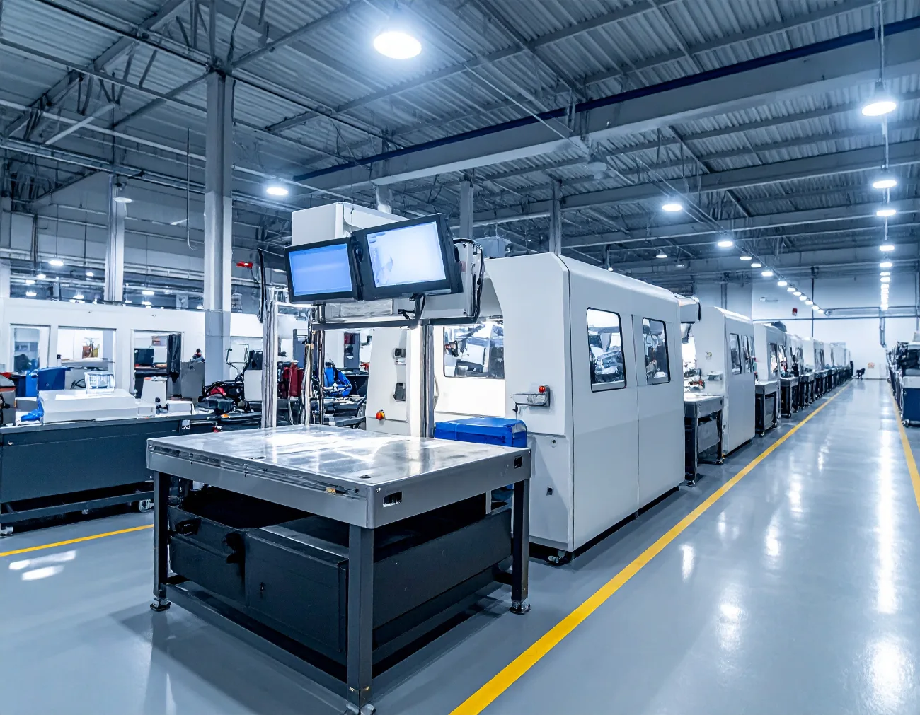 A long aisle of CNC machining centres on a brightly lit production floor