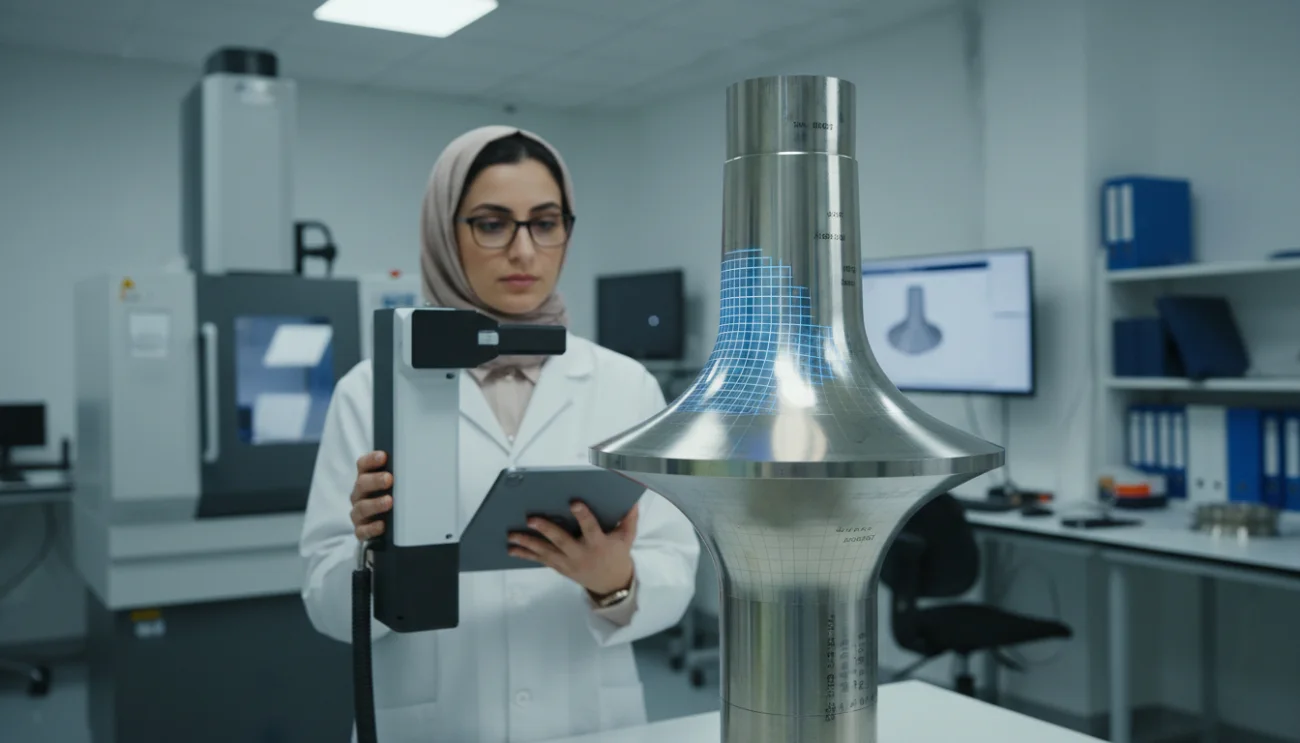 A metrology technician scanning a polished turbine component in a measurement lab