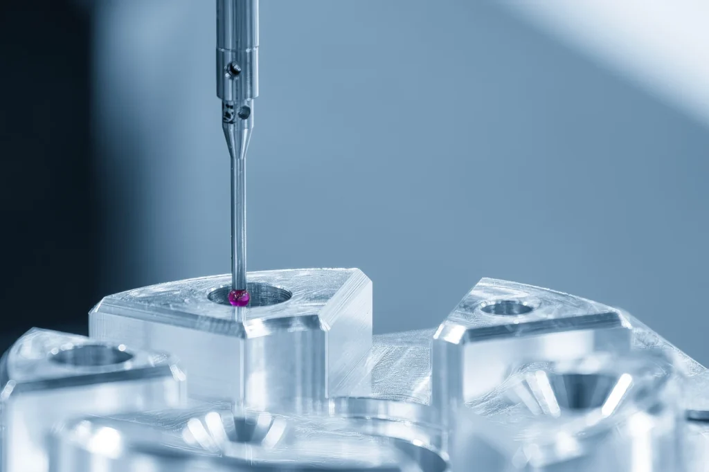 Touch probe measuring a datum feature on a machined aluminium part